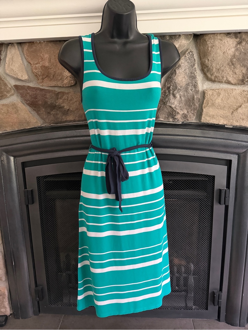 J. Crew Teal & White Striped Sleeveless Midi Dress with Navy Tie